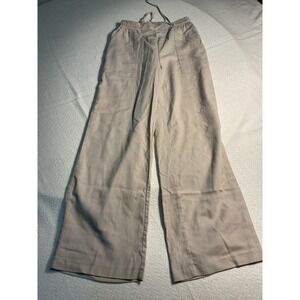Women's Beige‎ Linen Blend Wide Leg Pants Size S Elastic Waist Casual Trousers